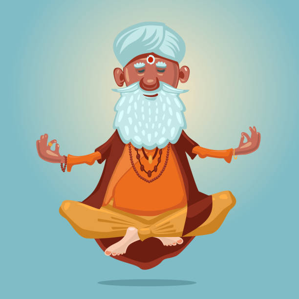 indyjski guru jogi. dziadek w pozycji asana. postać z kreskówki na odizolowanym tle. starzec medytujący w pozie lotosu. - indian culture guru sadhu hinduism stock illustrations