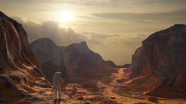 astronaut on planet mars watching the rising sun - spacewoman imagens e fotografias de stock