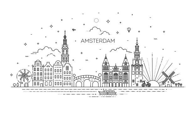 stockillustraties, clipart, cartoons en iconen met amsterdam reis oriëntatiepunt van historische bouw dunne lijn pictogram - amsterdam