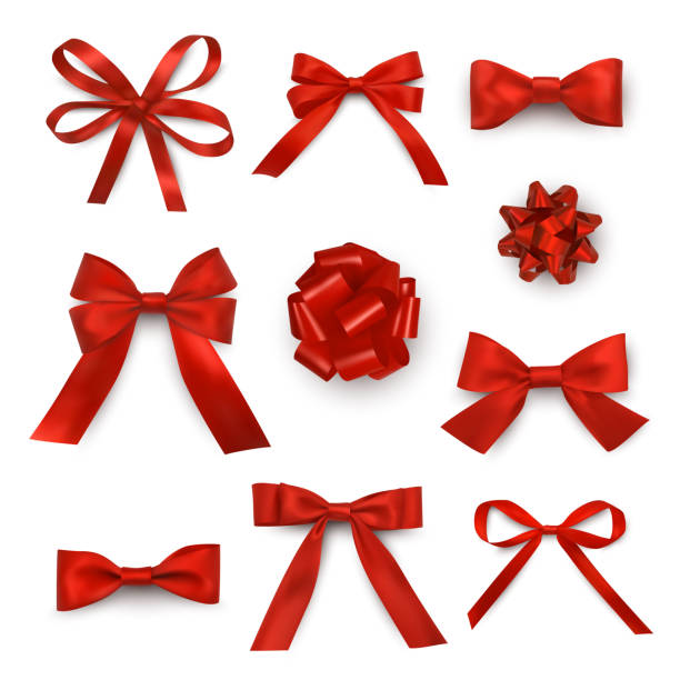 ilustraciones, imágenes clip art, dibujos animados e iconos de stock de arcos rojos y cintas surtido conjunto realista. regalar elementos de decoración de la caja de regalo. - tied knot gift award red