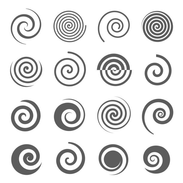 spirál, spirál ikonok meg elszigetelt fehér. göndör, görbe csíkos, örvény piktogramok. - spirál témájú stock illusztrációk