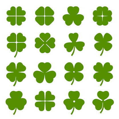 Clover leaves with four and three petals green icons set. Shamrock plant, grass. Saint Patrick day, Ireland symbol. Botanical, floral decoration elements. Vector collection isolated on white.