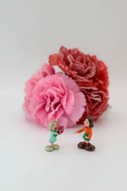 Photo of Daughter's miniature doll giving flowers to her mother in front of carnation. (Portrait orientation)