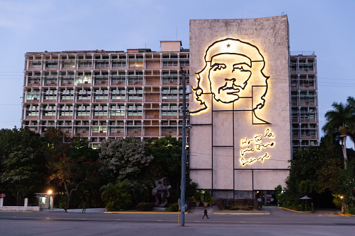 Havana, Cuba - 8 February 2015: Che Guevara wall Monument at sunset