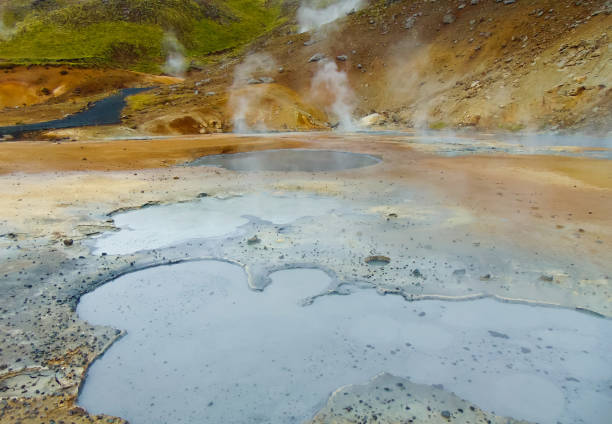 istock Geothermal area with hot springs, Krysovik in Iceland, close view 1268480875