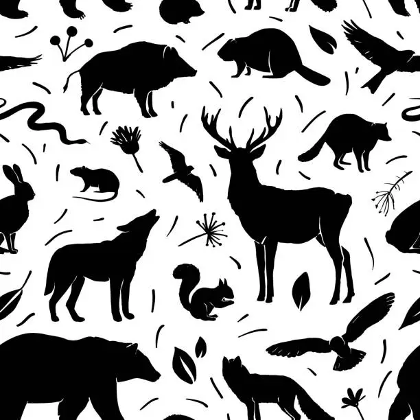 Vector illustration of Vector silhouette animals seamless pattern. Deer, hare, fox, hedgehog, squirrel, wolf, bear, snake, beaver, raccoon, mouse, wild boar and birds. Black silhouettes animals isolated on white.