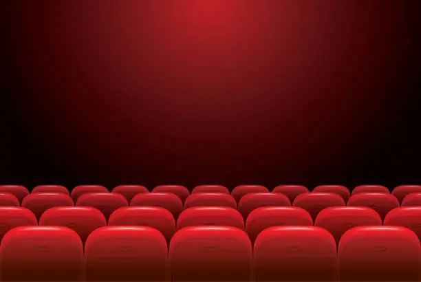 Vector illustration of Empty cinema with red seats on a dark background