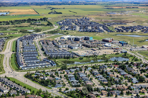 Aerial view of the Lakewood Suburban Centre neighborhood of Saskatoon looking East.  August 20, 2016