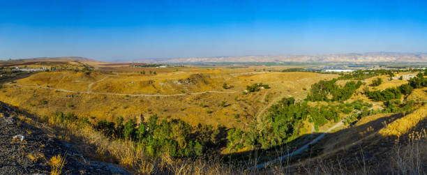 Panorama of the Jordan River valley, and Valley of Springs Panoramic view of the Jordan River valley and the Valley of Springs (Emek Hamaayanot). Northern Israel beit she'an stock pictures, royalty-free photos & images