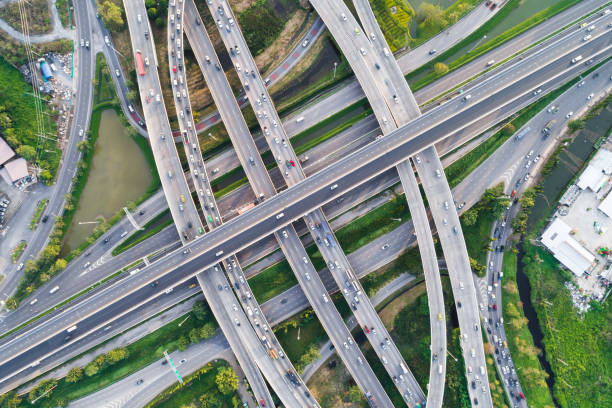 istock Aerial look down view intersection city transport road 1268483015
