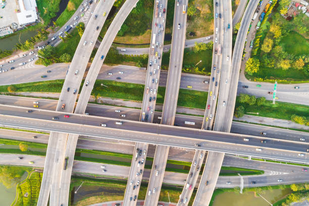 istock Aerial look down view intersection city transport road 1268483175