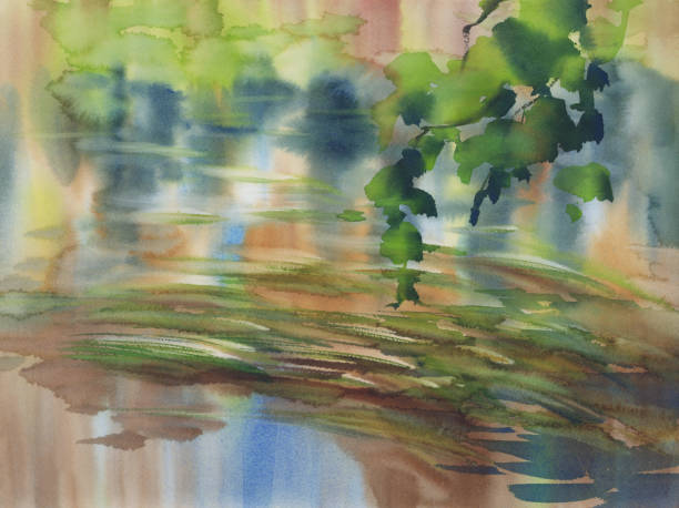 herbstlandschaft mit teich-aquarell-hintergrund - forrest lake lichtstimmung nebel stock-grafiken, -clipart, -cartoons und -symbole