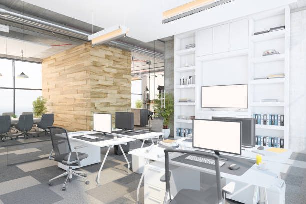 istock Contemporary open plan office interior with conference room 1268484458