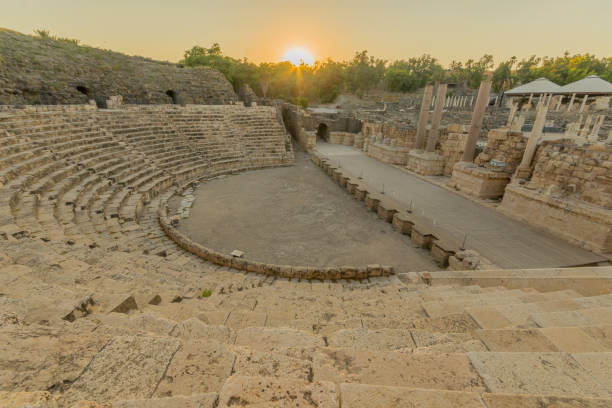 Roman theater, ancient Roman-Byzantine city of Bet Shean (Nysa-Scythopolis) Sunset view of The Roman theater, in the ancient Roman-Byzantine city of Bet Shean (Nysa-Scythopolis), now a National Park. Northern Israel beit shean photos stock pictures, royalty-free photos & images
