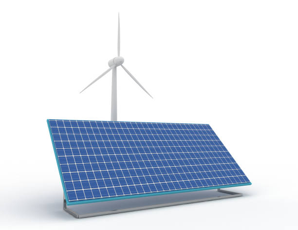 istock Renewable energy concept with grid connections solar panels and wind turbines. 3d rendered illustration 1268485172