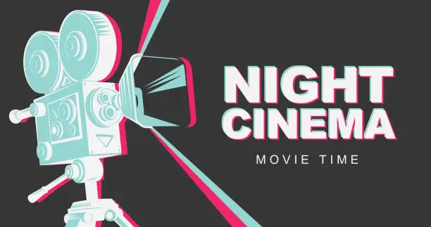 Vector illustration of poster for a night cinema with old movie projector