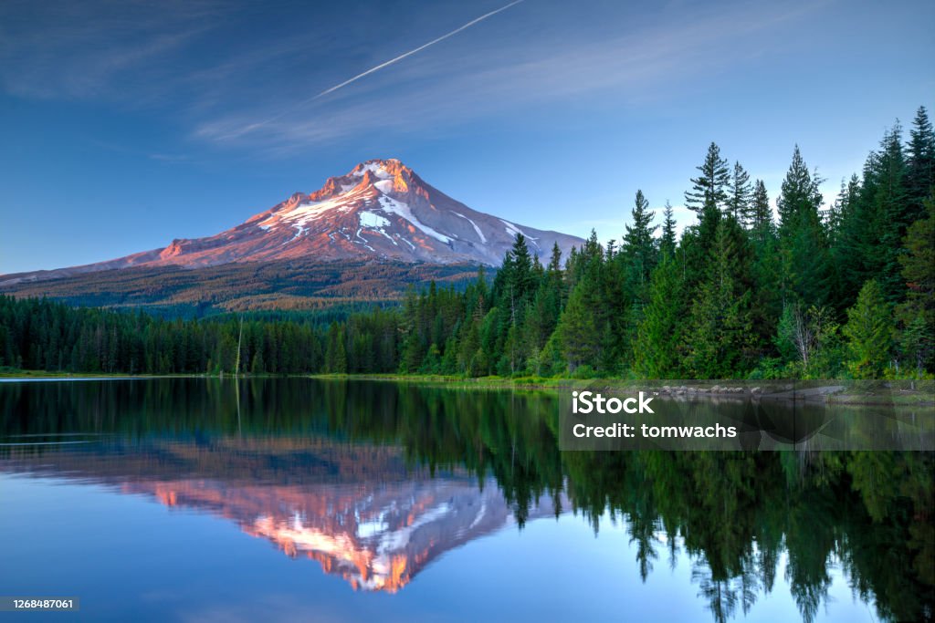 Mount Hood, Oregon Mount Hood, Oregon reflected in Trillium Lake. Oregon - US State Stock Photo