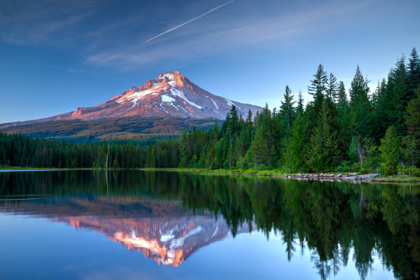 Mount Hood, Oregon Mount Hood, Oregon reflected in Trillium Lake. volcanic landscape photos stock pictures, royalty-free photos & images