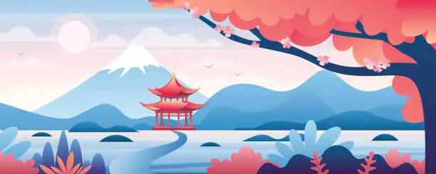 Vector illustration of Chinese landscape vector illustration, cartoon asian traditional temple, pavilion or house with oriental pagoda in rural China, travel to Asia background