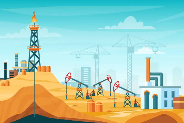 Vector illustration of Oil extraction landscape vector illustration, cartoon flat urban factory skyline with well drilling, oil rig tower to pump black liquid