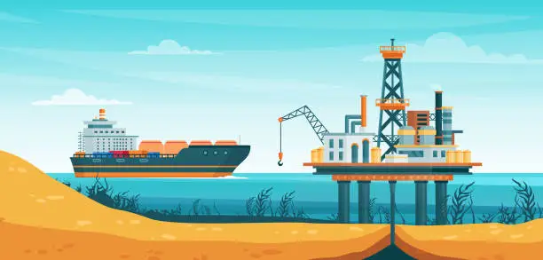 Vector illustration of Oil gas extraction vector illustration, cartoon flat drill oilfield technology, offshore extracting pump tower station at sea water