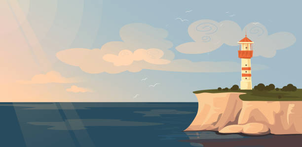 Lighthouse and seascape vector illustration, cartoon flat lighthouse tower on rock stone island, blue sea bay landscape, waves and seagulls Lighthouse and seascape vector illustration. Cartoon flat lighthouse tower on rock stone island, blue sea bay landscape, waves and seagulls. Beacon in ocean water for safe navigation travel background bay cartoon stock illustrations