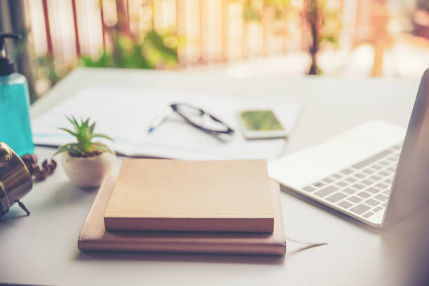 Diary and book for Planner to plan reminder daily appointment timetable, appointment, organization, and meeting agenda of job on wooden desk, work from home.Cactus and  computer place on table