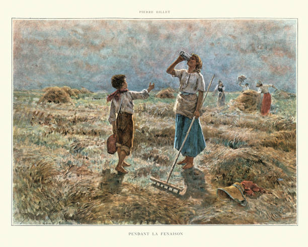 Vintage illustration of Boy bring drinks of waters to farm worker during haymaking. Pendant La Fenaison, after Pierre Billet