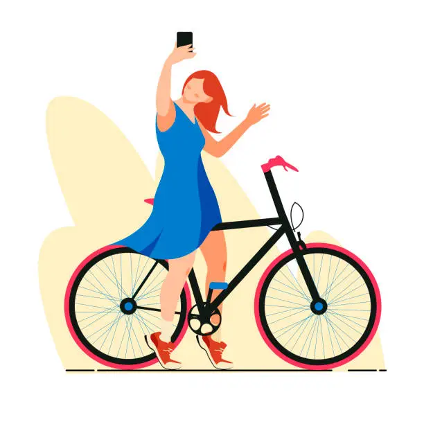 Vector illustration of Isolated on white cute woman making selfie riding bicycle vector illustration.