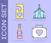 istock Set Suitcase for travel with heart, Please do not disturb with heart, Champagne bottle and Church building icon. Vector 1268493371