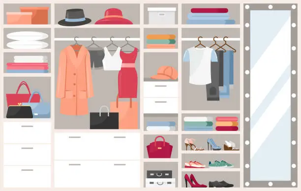 Vector illustration of Open wardrobe with clothes vector illustration, cartoon flat shelves boxes with woman man things, shoes or hats, clothing on hangers in closet cupboard