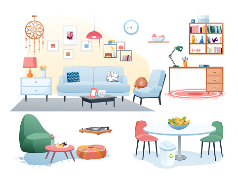 Furniture Decoration In Home Interior Vector Illustrations Cartoon Flat  Modern Cozy Furnishing Decor For Living Room Home Office Kitchen Stock  Illustration - Download Image Now - iStock