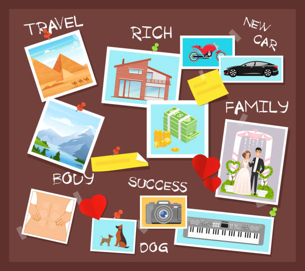 Cartoon flat visionary examples of financial business success, travel achievements, happy family wedding, motivation for body training. Vision board, collage with dreams and goals vector illustration. Cartoon flat visionary examples of financial business success, travel achievements, happy family wedding, motivation for body training. Vision board, collage with dreams and goals vector illustration plank stock illustrations