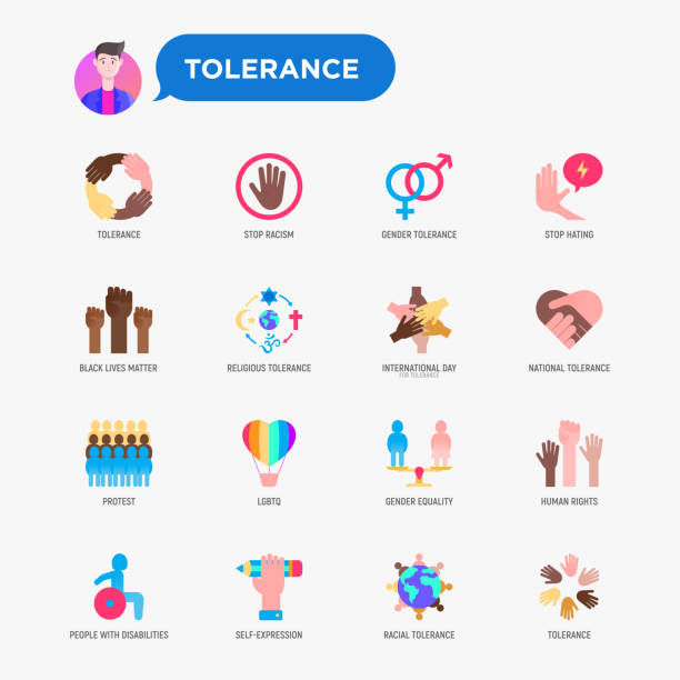 Tolerance flat icons set: stop racism, gender equality, protests, protest, human rights, LGBTQ, globalization, self-expression, stop hating. Vector illustration. Tolerance flat icons set: stop racism, gender equality, protests, protest, human rights, LGBTQ, globalization, self-expression, stop hating. Vector illustration. racial equality stock illustrations