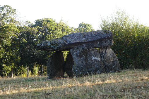 Dolmen in a field on the edge of the Haute-vienne and the Creuse. Place not paying and photo taken from the road at sunrise