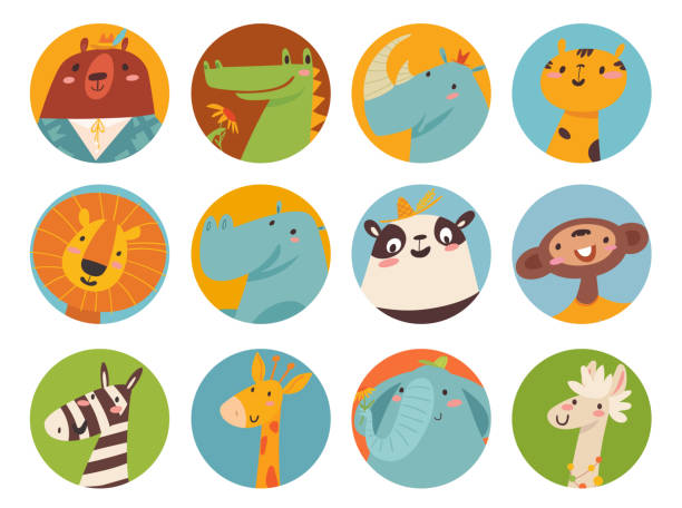 ilustrações de stock, clip art, desenhos animados e ícones de big vector set of cute cartoon animals faces in flat style - safari animals africa animals in the wild hippopotamus