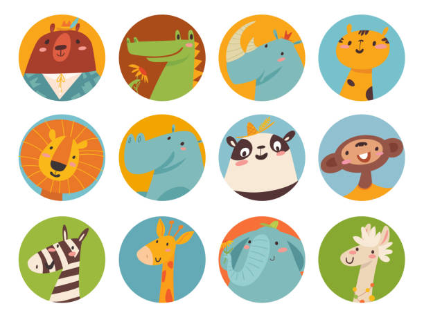 Big vector set of cute cartoon animals faces in flat style Big vector set of cute cartoon big animals faces in circle. Bundle of cute cartoon animals characters isolated on white background. Set of colorful vector illustrations in flat cartoon style. kid goat stock illustrations