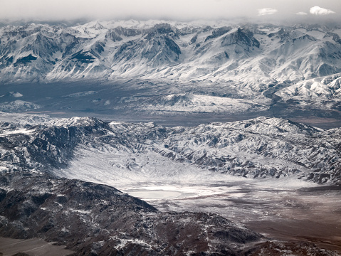 Aerial view of the Mojave Desert in Eastern California. In the lower left corner is part of Death Valley National Park. In the middle of the frame is Owens Valley and across the top are the Eastern Sierras.