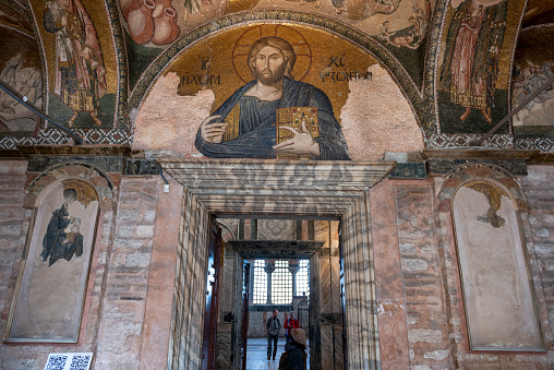 Jesus Christ Mary Angel King Mosaic Entrance Hagia Sophia Mosque Istanbul Turkey. Emperor Justinian built Constantinople cathedral in 537 AD, largest Christian church for over 1000 years. Mosaic created in late 800 to 900 AD. In 1453 Ottoman Turks converted to mosque.