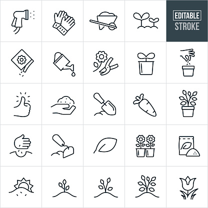 A set of gardening icons with editable strokes or outlines using the EPS file. The icons include a garden spray nozzle, gardening gloves, wheelbarrow, sprouted plants, seed packet, water pail, flower with shears, seed planting, green thumb, soil, garden shovel, carrot, tree in planting pot, hand planting seeds, leaf, garden hoe, flowers, fertilizer, growth stages and other related icons.