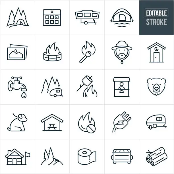 Vector illustration of Campground Thin Line Icons - Editable Stroke