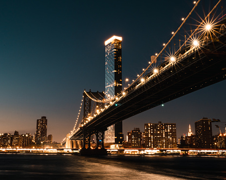 Manhattan Bridge at night from Dumbo viewpoint in Brooklyn, New York.