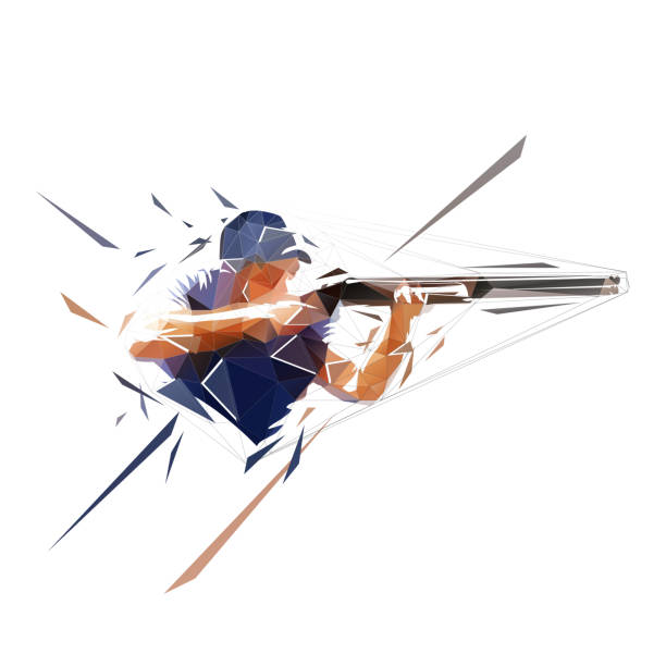 ilustrações, clipart, desenhos animados e ícones de tiro de armadilha, atleta com arma, baixa ilustração de vetor isolado poligonal. desenho geométrico de triângulos - hunting hunter rifle gun