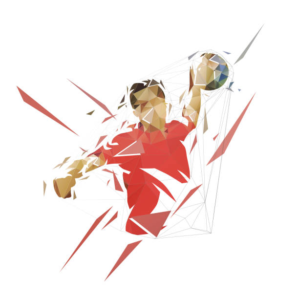 illustrations, cliparts, dessins animés et icônes de joueur de handball lançant la boule et marquant le but, le dessin isolé polygonal bas de vecteur, la vue avant. logo géométrique de handball des triangles - faute de main