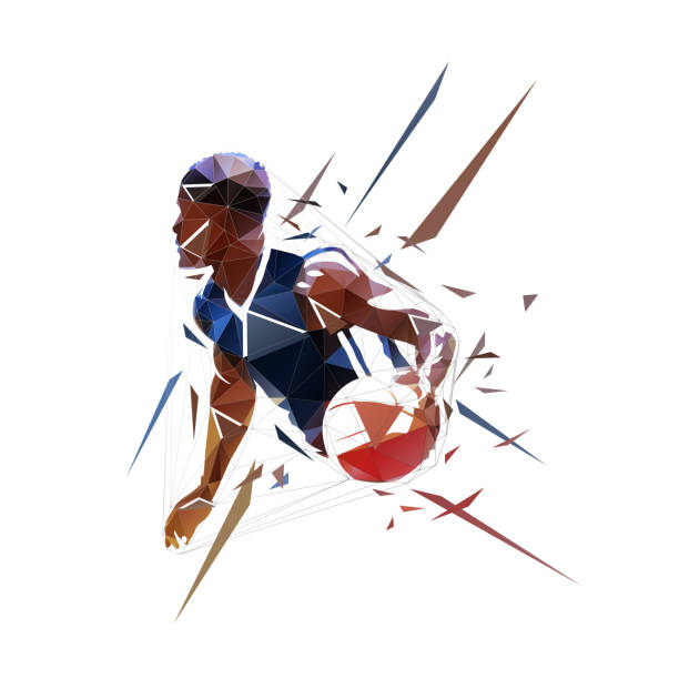 ilustrações de stock, clip art, desenhos animados e ícones de basketball player running with ball, dribbling. isolated low polygonal vector illustration, geometric drawing from triangles, side view. basketball point guard logo - white background clip art american culture black