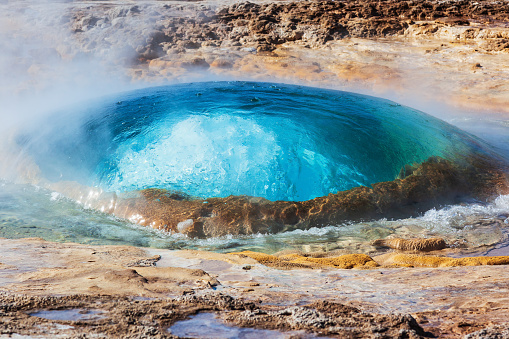 Haukadalsvegur, Iceland. Eruption of Strokkur geyser.