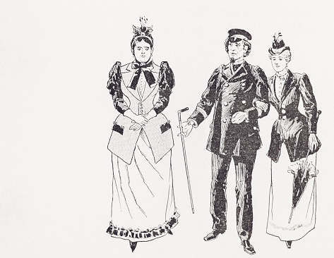 Image from 1894 French book, about the New Adventures of the nephew of Robinson. Black and white illustrations of the era and culture of maritime advenure.\nHer we see an officer with a cane, walking out with two elegant society ladies.
