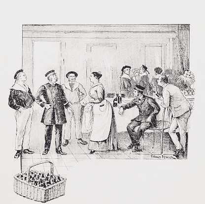 Image from an 1894 French book, about the New Adventures of the nephew of Robinson. Black and white illustrations of the era and culture of maritime adventure.\nHere we observe an officer, sailors and men at a function, bottles of drink in wicker basket, a lady in attendance.
