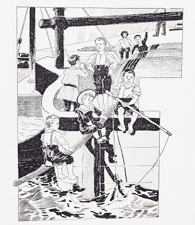 Image from 1894 French book, about the New Adventures of the nephew of Robinson. Black and white illustrations of the era and culture of maritime advenure.\nquayside, barrelsropes and young boys in old fashioned sailor suits, playing and fishing