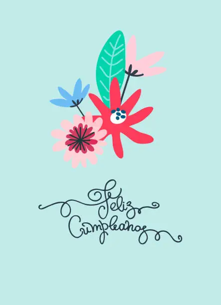 Vector illustration of Happy Birthday greeting card design with greeting text in Spanish. Minimalistic flower bouquet, hand lettering